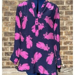 Amanda Uprichard Feather Navy Purple Silk‎ Sz XS 1/4 Button Tunic Long Sleeve